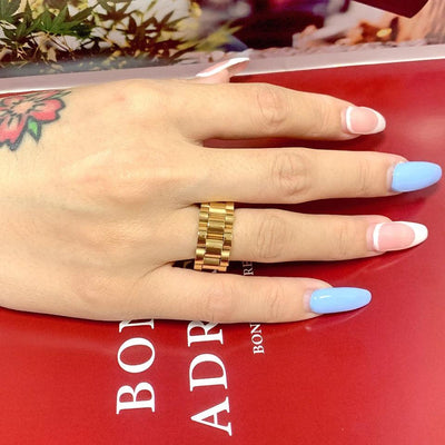 Luxury Never Fade 18K Gold Plated Bold Wide Thick Ring for Women Chunky Link Chain Stainless Steel Strap Finger Rings Jewelry