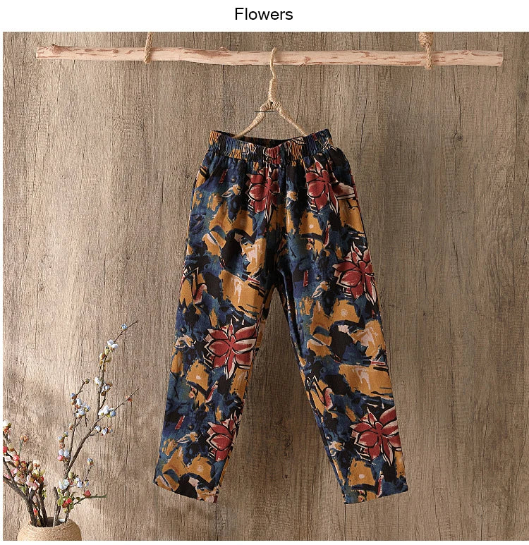 Fashion Printed Cotton Linen Harem Pants for Women 2025 Summer Casual High Waist Calf-Length Loose Trousers Female Streetwear