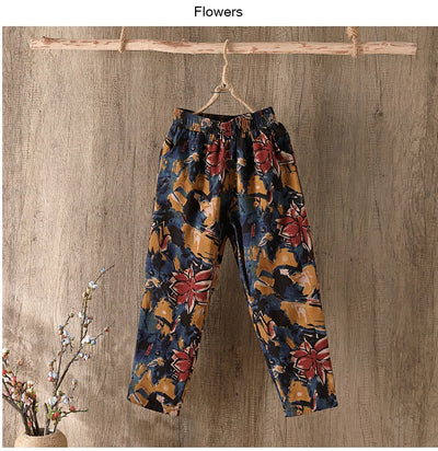 Fashion Printed Cotton Linen Harem Pants for Women 2025 Summer Casual High Waist Calf-Length Loose Trousers Female Streetwear