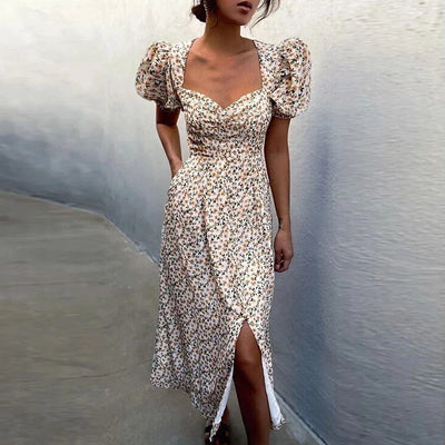 Summer Midi Dress For Women 2025 New Fashion Streetwear Square Neck Puff Sleeve Print Dress Woman Casual Split Dresses Sundress