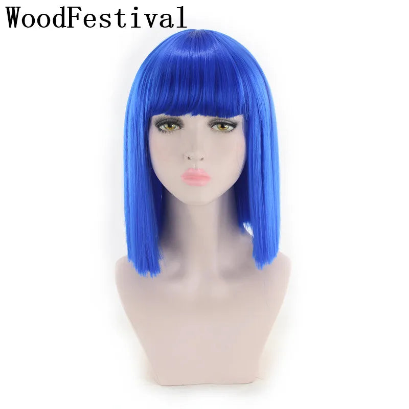 Synthetic Hair Short Wig With Bangs Cosplay Wigs For Women Straight Bob Wig Korean Pink Red Brown Blue Green White Purple Grey