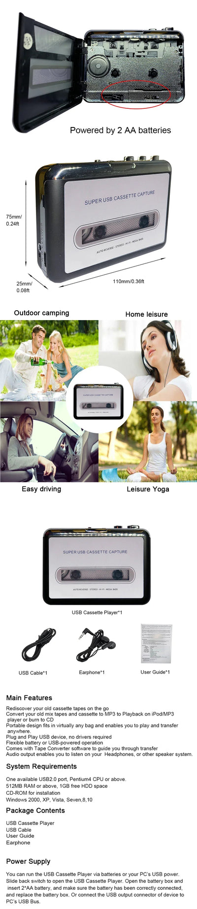 USB Cassette Capture Radio Player Portable USB Cassette Tape to MP3 Converter Capture Audio Music Player Tape Cassette Recorder