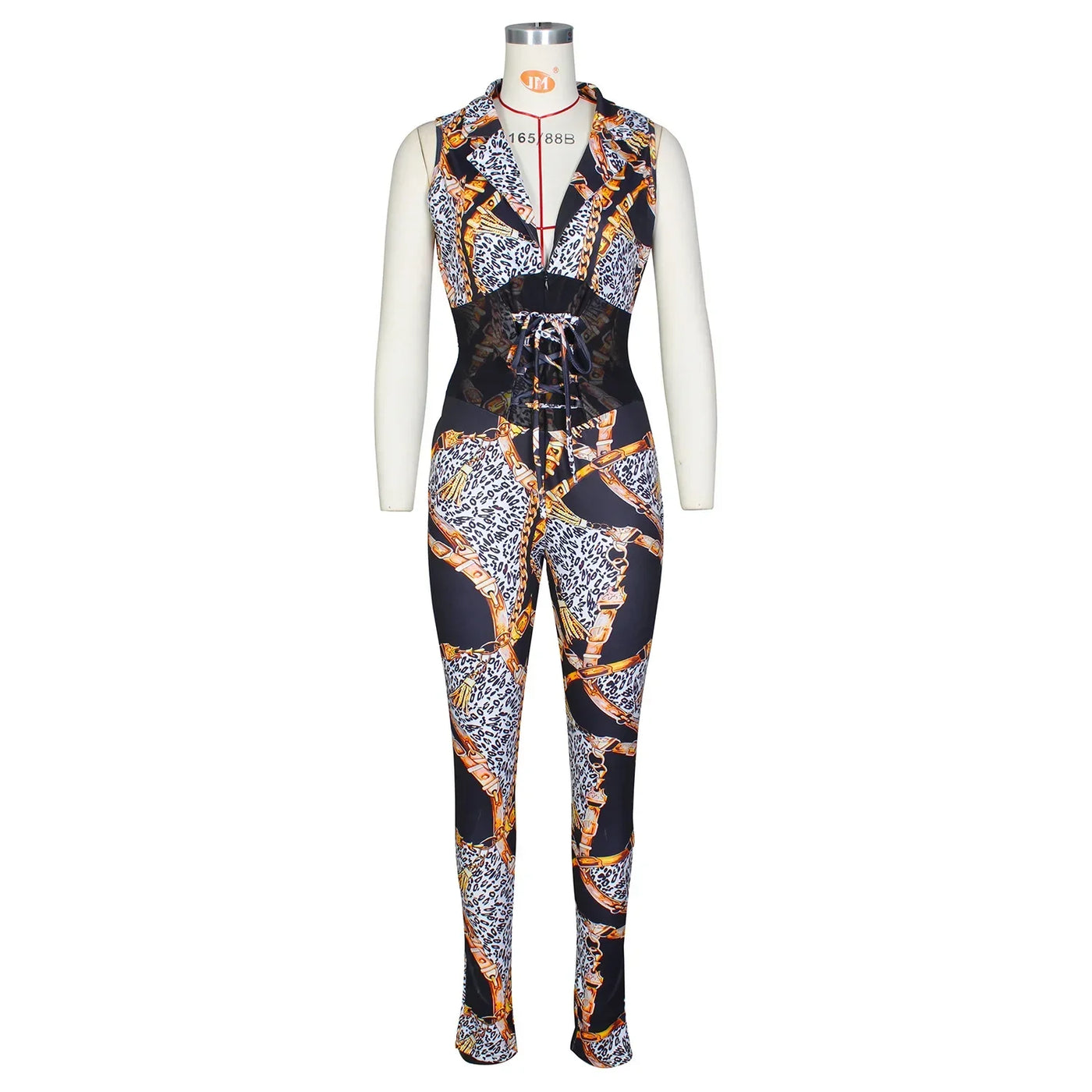JRRY Sexy Women Jumpsuits Sleeveless Sashes Print Bodysuit High Elasticity Chain Pattern Outdoor Wear