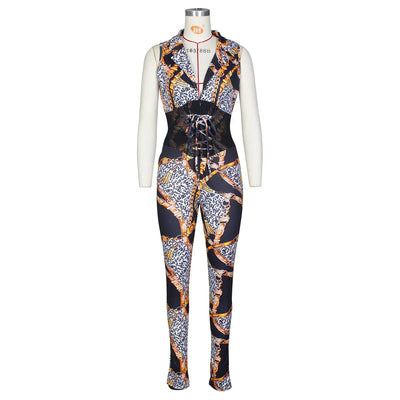 JRRY Sexy Women Jumpsuits Sleeveless Sashes Print Bodysuit High Elasticity Chain Pattern Outdoor Wear