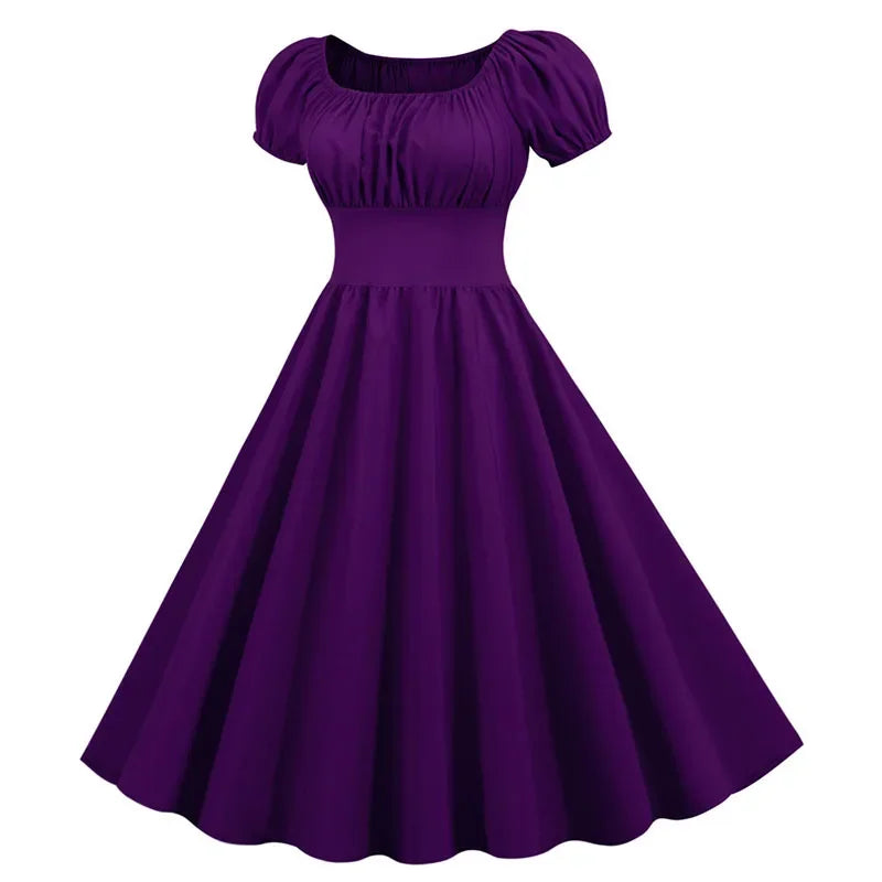 Women Vintage Dress Robe Elegant Party  Casual Office Midi Dress Femme Summer Puff Sleeve Square Collar Solid Red