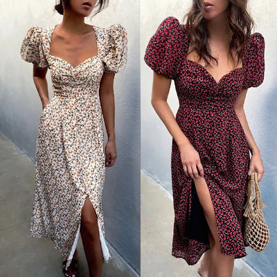 Summer Midi Dress For Women 2025 New Fashion Streetwear Square Neck Puff Sleeve Print Dress Woman Casual Split Dresses Sundress