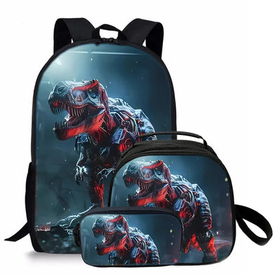 3 Pcs Set Dinosaur Round Lunch Bags ,Pencil Bags ,School Bags for Boy/Girls Best Gifts 3D Cartoon Backpack for Children