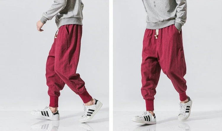Cotton Linen Harem Pants Men Solid Elastic Waist Streetwear Joggers New Baggy Drop-crotch Pants Casual Trousers Men