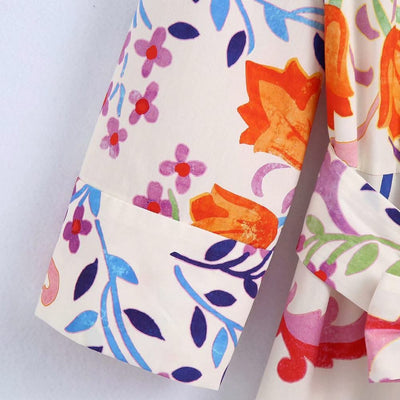 2021 Women Summer Dresses Floral Print Turn-down Collar A-Line 3/4 Sleeve Large Hem Single-breasted Mid-Calf Shirt Midi Dress St