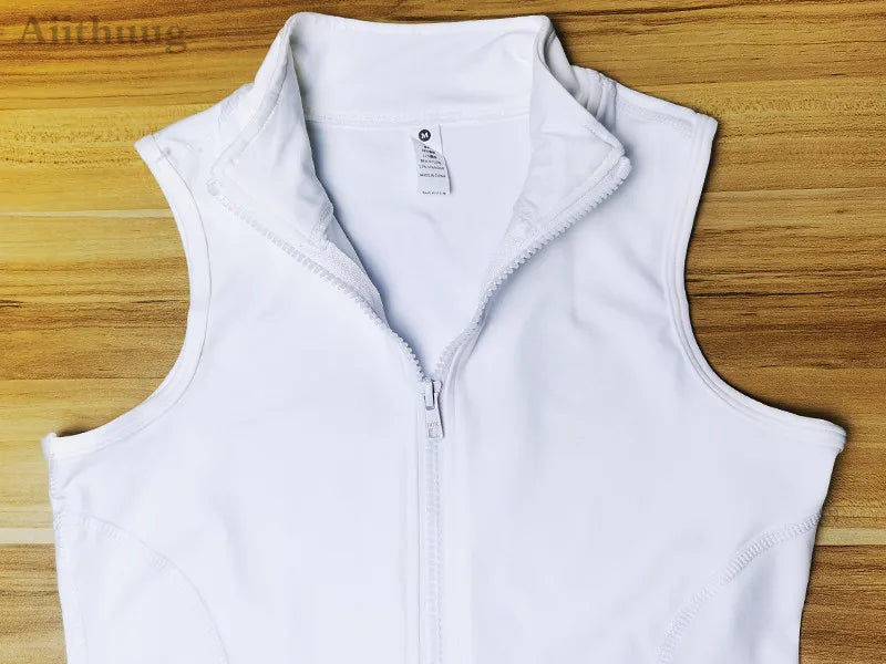 Aiithuug Athletic Zip Up Sweat Vest Jacket Sleeveless Running Yoga Tops High Neck Shirts Sports Top Fitness Women Workout Tops