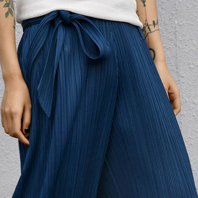 Miyake Pleated Designer Pleated Blue Belt Pants Casual Long Women Trousers