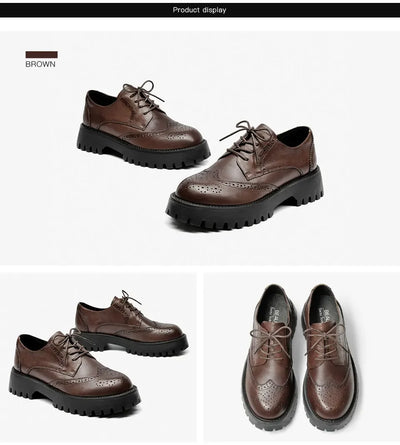 BeauToday Brogue Shoes Women Genuine Cow Leather Wintip Round Toe Cross-Tied Thick Sole Ladies Derby Shoes Handmade 21839