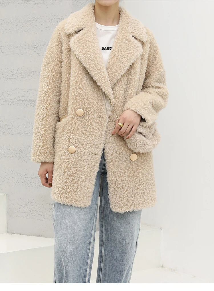 MENINA BONITA 2025 New  Luxury Winter Jacket Women's Coat Double-breasted Woven Real Natural Wool Fur Lapel Warm Loose Outerwear