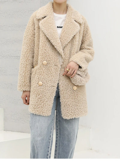 MENINA BONITA 2025 New  Luxury Winter Jacket Women's Coat Double-breasted Woven Real Natural Wool Fur Lapel Warm Loose Outerwear
