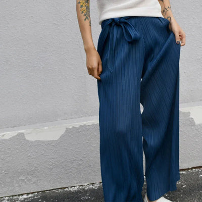 Miyake Pleated Designer Pleated Blue Belt Pants Casual Long Women Trousers