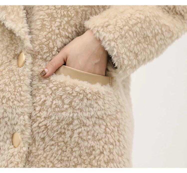 MENINA BONITA 2025 New  Luxury Winter Jacket Women's Coat Double-breasted Woven Real Natural Wool Fur Lapel Warm Loose Outerwear
