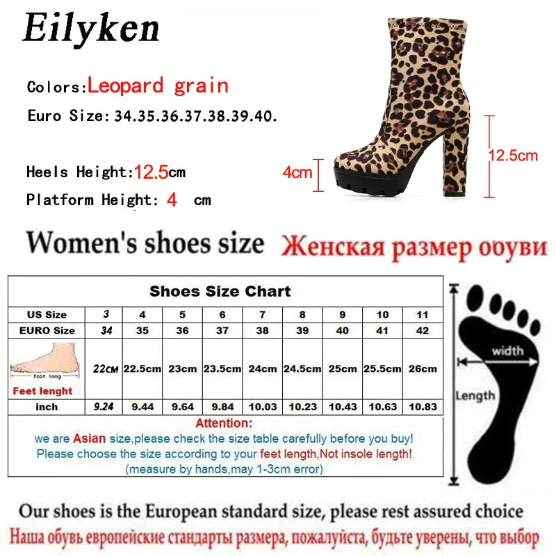 EilyKen Handmade Brown Square Chunky High Heel Booties Leopard Print Platform Side Zippers Shoes Designer Woman Ankle Boots