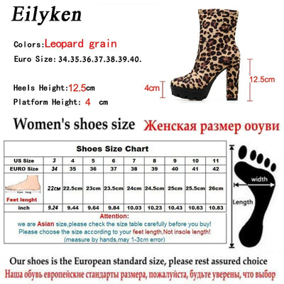 EilyKen Handmade Brown Square Chunky High Heel Booties Leopard Print Platform Side Zippers Shoes Designer Woman Ankle Boots