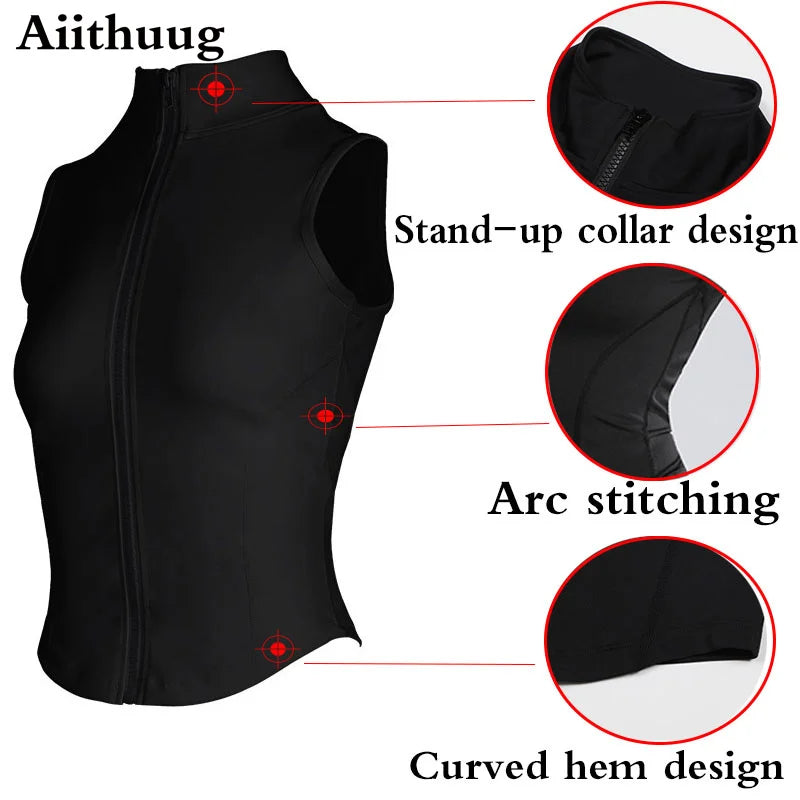 Aiithuug Athletic Zip Up Sweat Vest Jacket Sleeveless Running Yoga Tops High Neck Shirts Sports Top Fitness Women Workout Tops