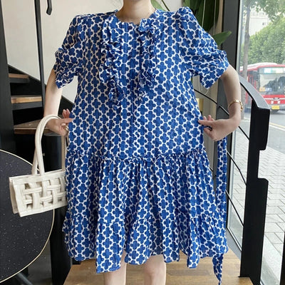 New Fashion Printed Dress for Women Streetwear Trend Round Neck Ruffles Waist Puff Sleeve Dresses Female Clothing