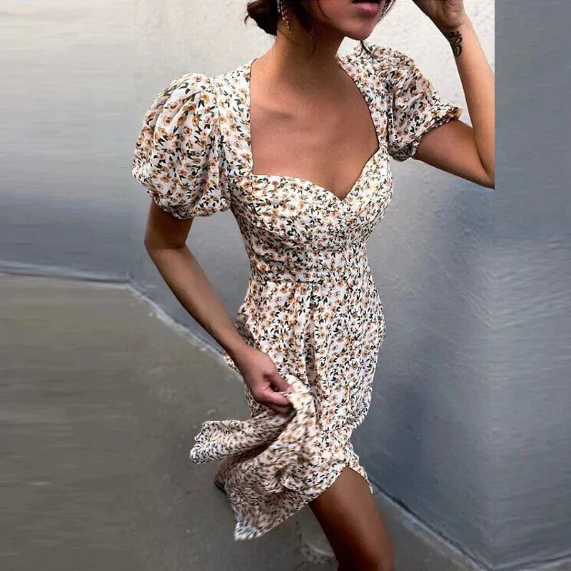 Summer Midi Dress For Women 2025 New Fashion Streetwear Square Neck Puff Sleeve Print Dress Woman Casual Split Dresses Sundress