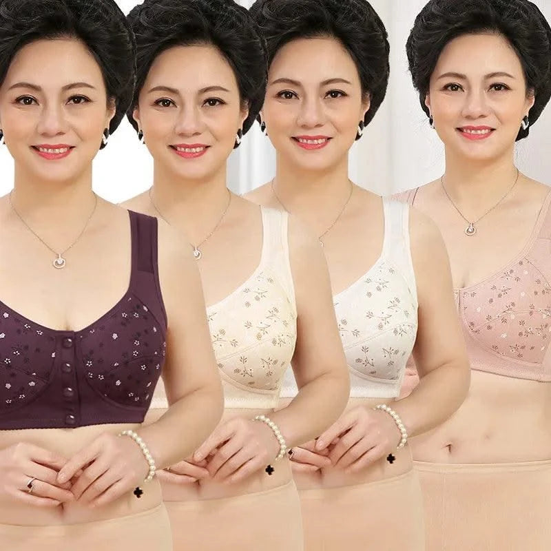Front Closure Cotton Bras Women Removable Padded Bra Soft Camisole Middle Age Women Everyday Underwear Big Bust 50/115 B C Cup