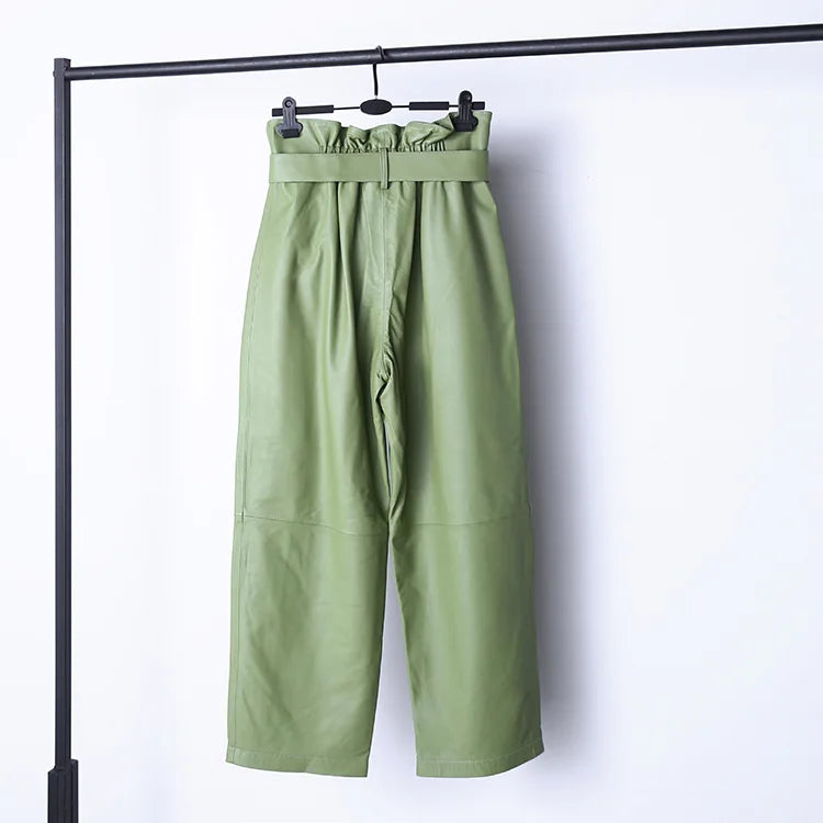 Stylish Genuine Leather Pants Women Sheepskin Bow Tie Lace High Waist Trousers Mujer Khaki/Green Straight Wide Leg Pantalon