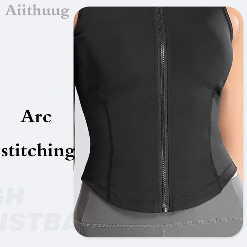 Aiithuug Athletic Zip Up Sweat Vest Jacket Sleeveless Running Yoga Tops High Neck Shirts Sports Top Fitness Women Workout Tops