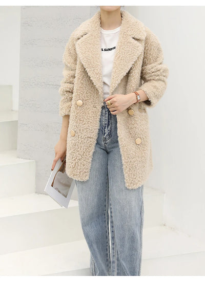 MENINA BONITA 2025 New  Luxury Winter Jacket Women's Coat Double-breasted Woven Real Natural Wool Fur Lapel Warm Loose Outerwear
