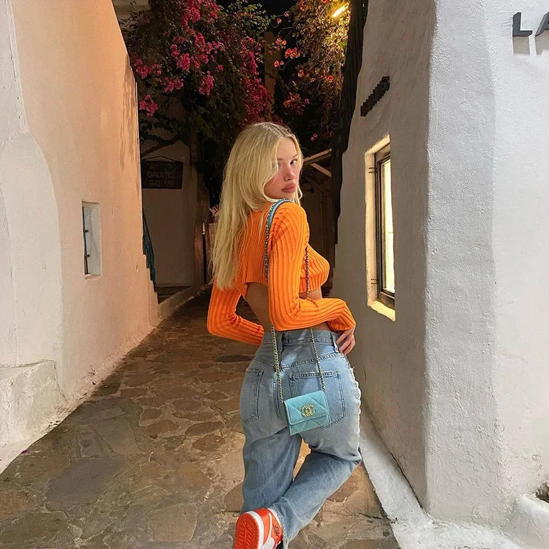 Cryptographic Autumn Knitted Sexy Cropped Sweaters Women Fashion Long Sleeve Cardigan Women Tops Pullovers Oversized Clothes