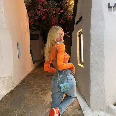 Cryptographic Autumn Knitted Sexy Cropped Sweaters Women Fashion Long Sleeve Cardigan Women Tops Pullovers Oversized Clothes