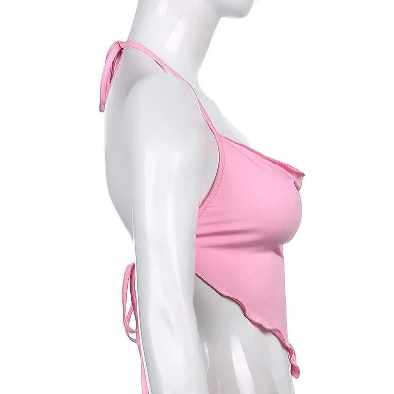 Pink Sleeveless Sexy Crop Tops Women Backless Lacing Camis Wireless Bralette