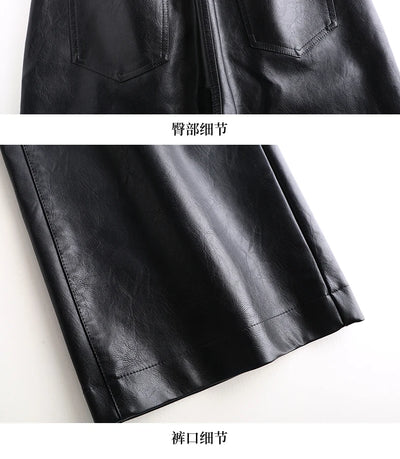 Women  Wide Leg PU Leather Pants  Autumn Winter Fashion Warm Long Pants Back Elastic Waist  Straight Elegant  Leather Trousers