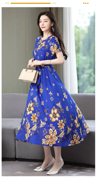 New Fashion 2024 Print Summer Dresses For Women Short Sleeve O-Neck Elegant Summer Dress Woman Clothing