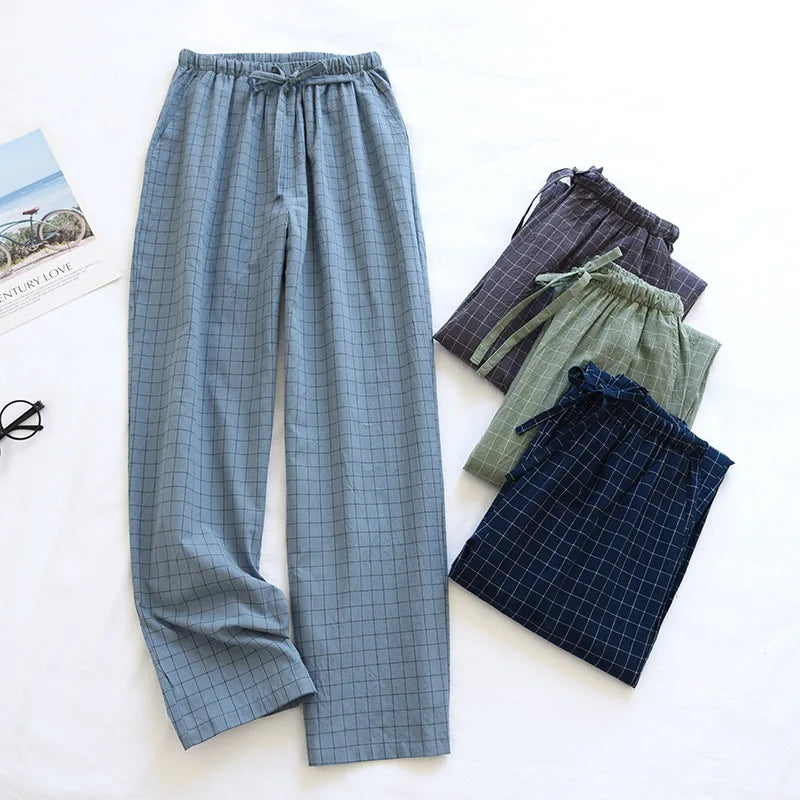 couple washed cotton trousers thin men and women home pants Elastic Waist Sleep Bottoms Plaid lounge pants home sleepwear 2021