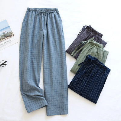 couple washed cotton trousers thin men and women home pants Elastic Waist Sleep Bottoms Plaid lounge pants home sleepwear 2021
