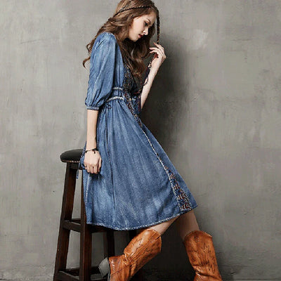 TEELYNN midi denim dresses for women dresses bule cotton ethnic Embroidery boho dress Drawstring waist Gypsy dresses vestidos