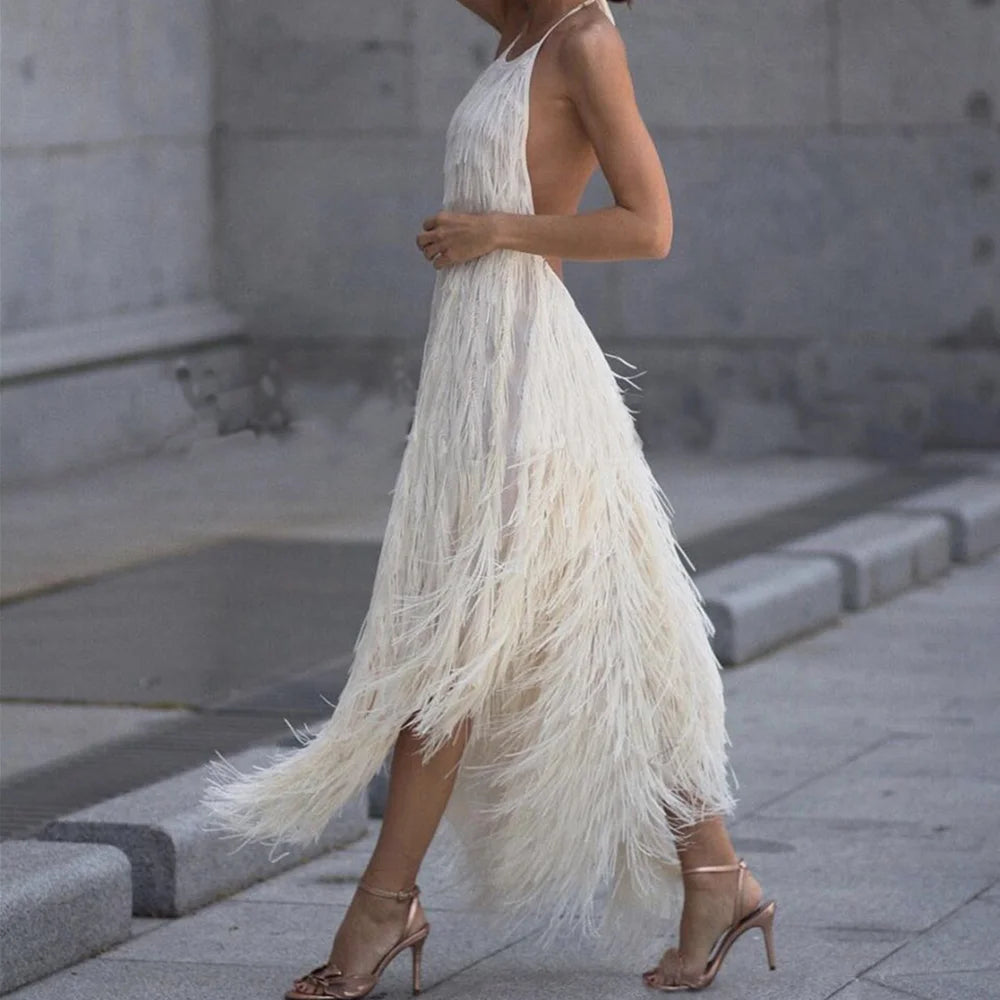 Summer Women Fringed Dress Sexy Elegant Backless Sleeveless Female New Fashion Solid Hanging Neck Casual Club Night Party Dress