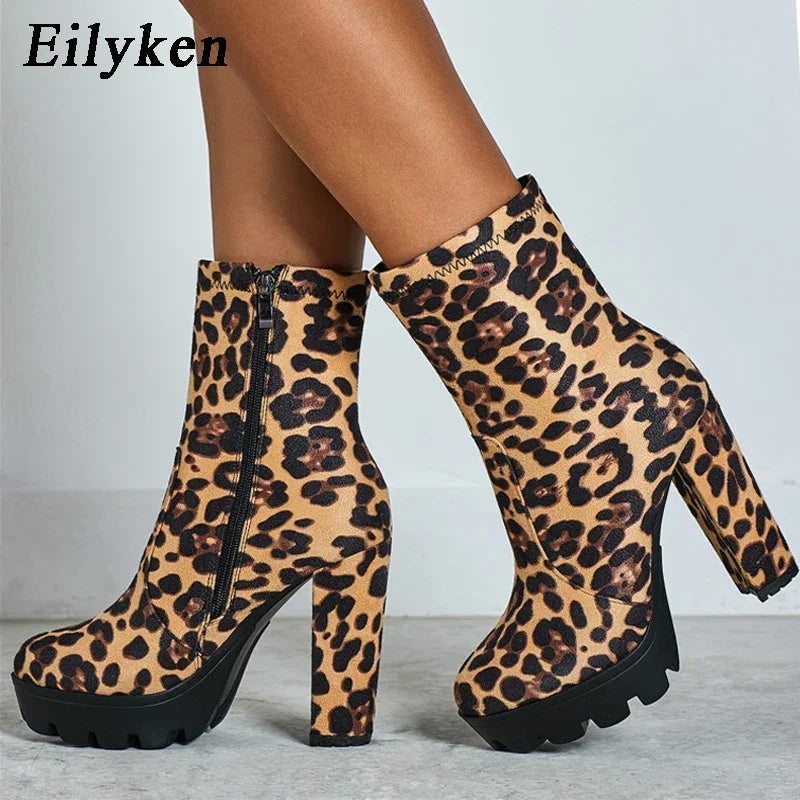 EilyKen Handmade Brown Square Chunky High Heel Booties Leopard Print Platform Side Zippers Shoes Designer Woman Ankle Boots