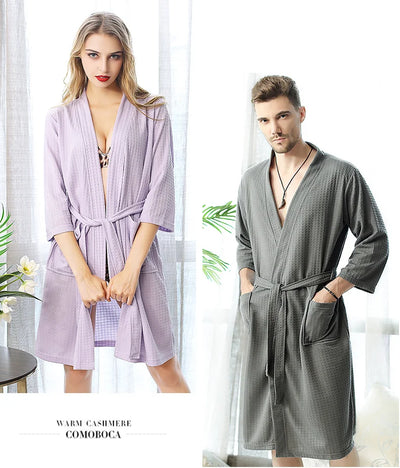 Waffle Couple Bathrobe Short Male Female Kimono Korean Style Nightwear Daily Casual Home Lounge Robe домашняя одежда женская