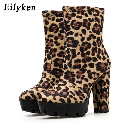 EilyKen Handmade Brown Square Chunky High Heel Booties Leopard Print Platform Side Zippers Shoes Designer Woman Ankle Boots