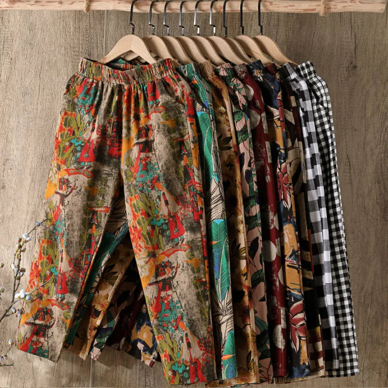 Fashion Printed Cotton Linen Harem Pants for Women 2025 Summer Casual High Waist Calf-Length Loose Trousers Female Streetwear