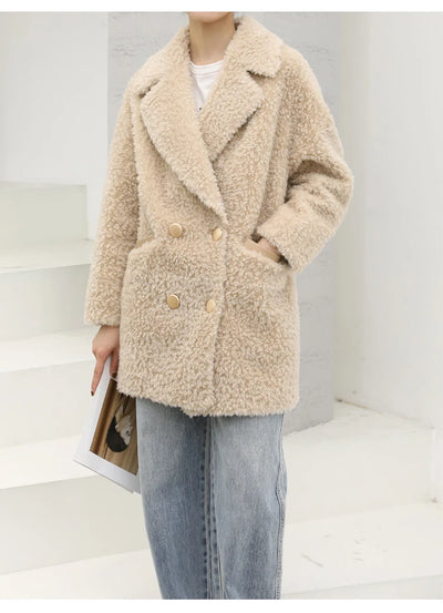 MENINA BONITA 2025 New  Luxury Winter Jacket Women's Coat Double-breasted Woven Real Natural Wool Fur Lapel Warm Loose Outerwear
