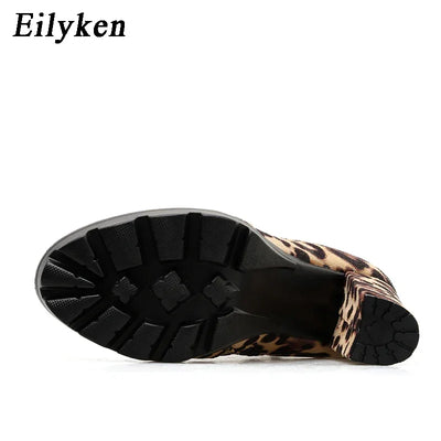 EilyKen Handmade Brown Square Chunky High Heel Booties Leopard Print Platform Side Zippers Shoes Designer Woman Ankle Boots