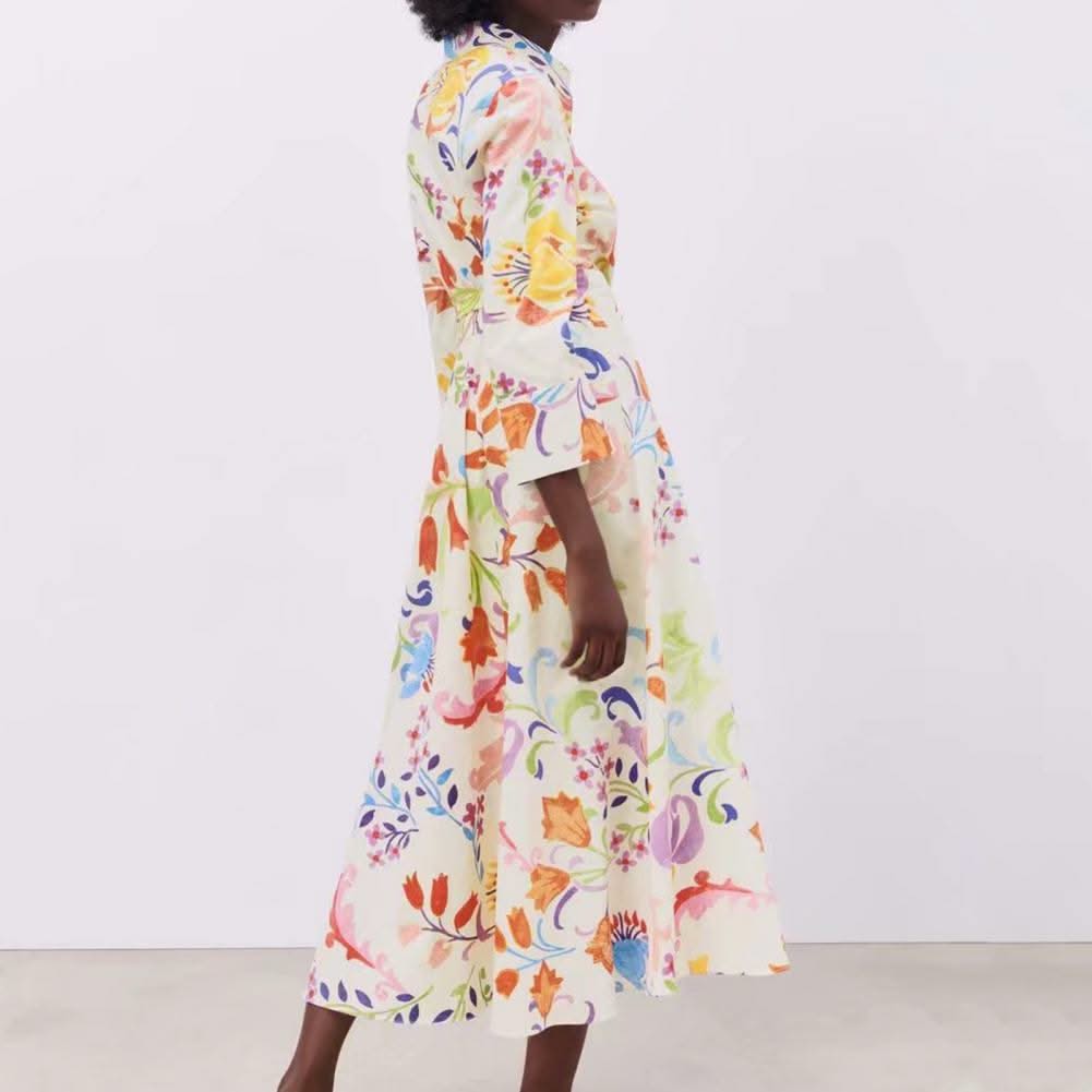 2021 Women Summer Dresses Floral Print Turn-down Collar A-Line 3/4 Sleeve Large Hem Single-breasted Mid-Calf Shirt Midi Dress St