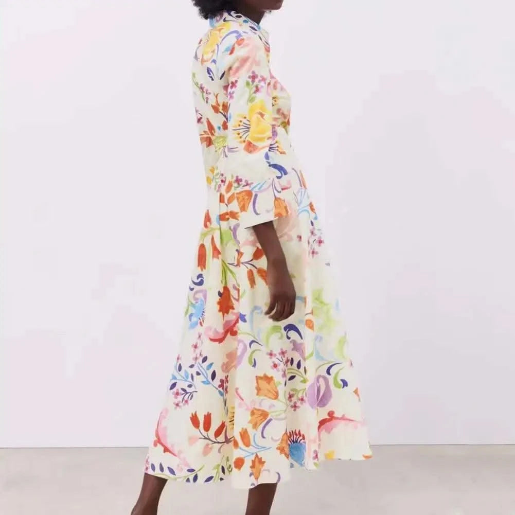 2021 Women Summer Dresses Floral Print Turn-down Collar A-Line 3/4 Sleeve Large Hem Single-breasted Mid-Calf Shirt Midi Dress St