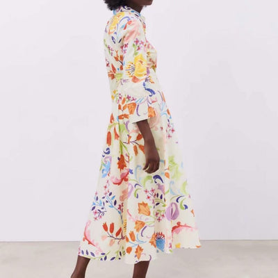 2021 Women Summer Dresses Floral Print Turn-down Collar A-Line 3/4 Sleeve Large Hem Single-breasted Mid-Calf Shirt Midi Dress St