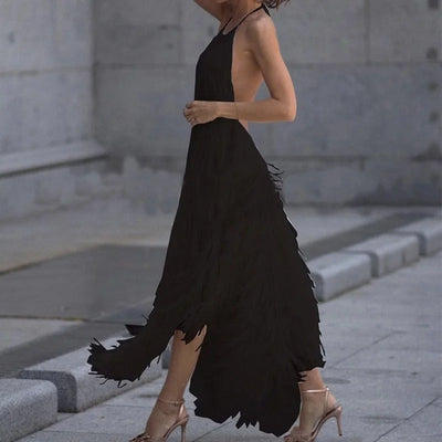 Summer Women Fringed Dress Sexy Elegant Backless Sleeveless Female New Fashion Solid Hanging Neck Casual Club Night Party Dress