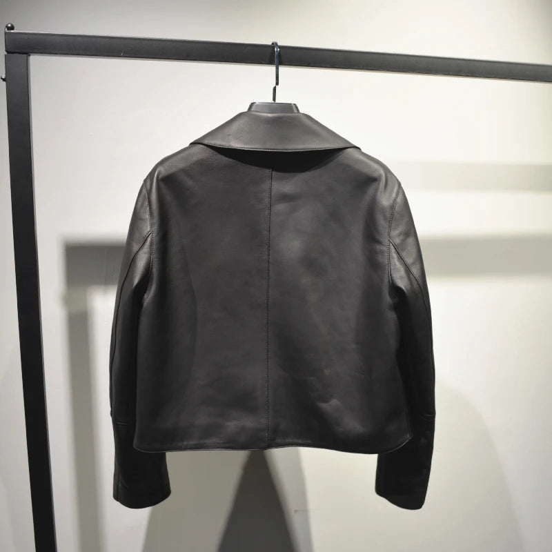 Women's Sheepskin Short Tops Harajuku Fashion Jassen Dames Slim Jaqueta De Couro Legítimo Square Collar Trendy Streetwear Coat