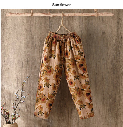 Fashion Printed Cotton Linen Harem Pants for Women 2025 Summer Casual High Waist Calf-Length Loose Trousers Female Streetwear